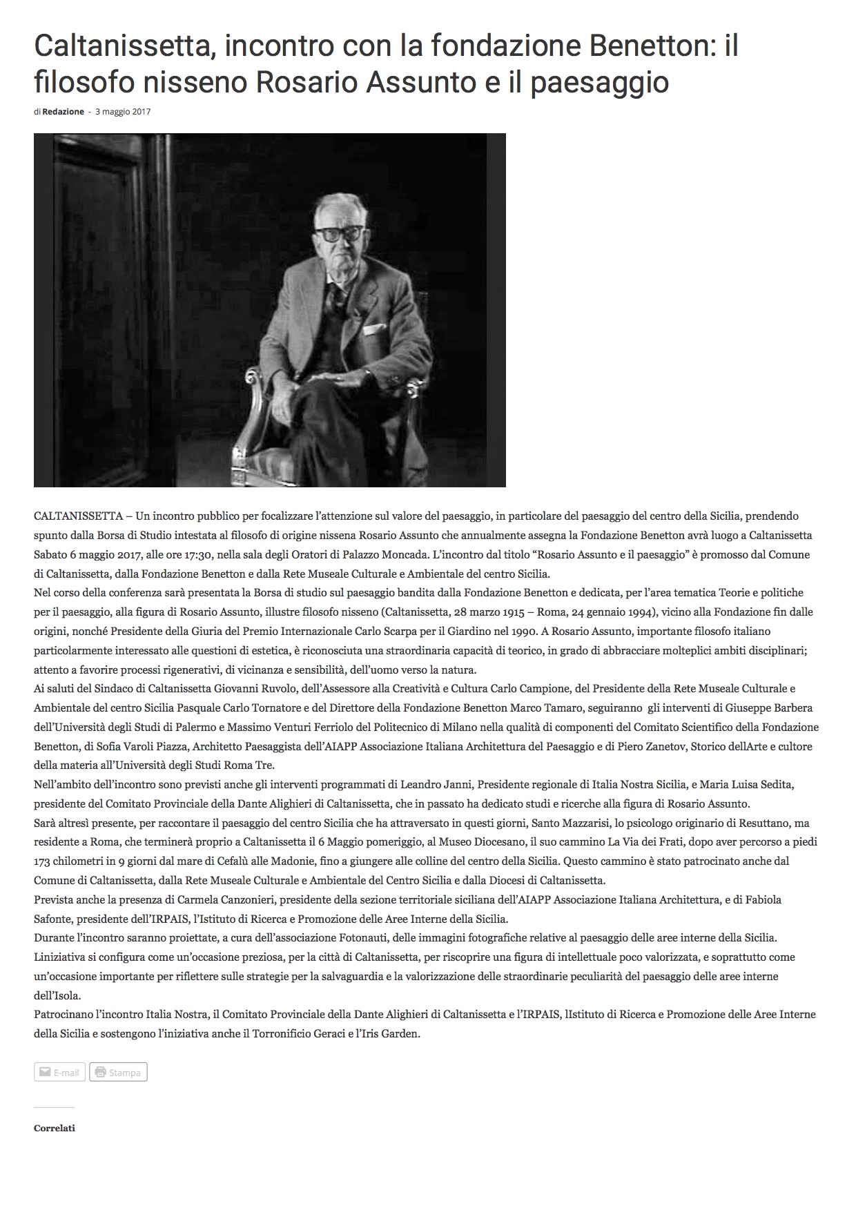 Caltanissetta, incontro con la fondazione Benetton: il filosofo nisseno Rosario Assunto e il paesaggio | Cronaca di Caltanissetta, notizie in tempo reale - il Fatto Nisseno