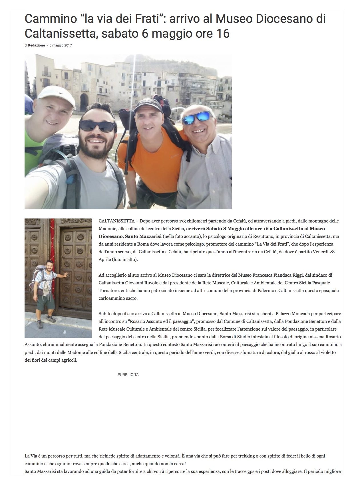 Cammino “la via dei Frati”: arrivo al Museo Diocesano di Caltanissetta, sabato 6 maggio ore 16 | Cronaca di Caltanissetta, notizie in tempo reale - il Fatto Nisseno